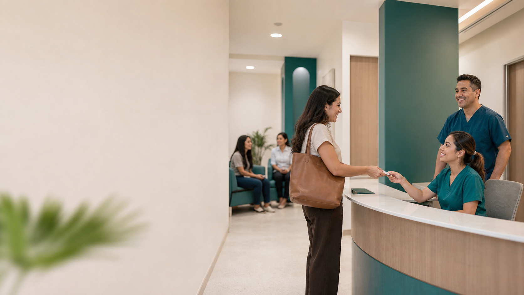 Equipo de recepción atendiendo a una paciente en una clínica