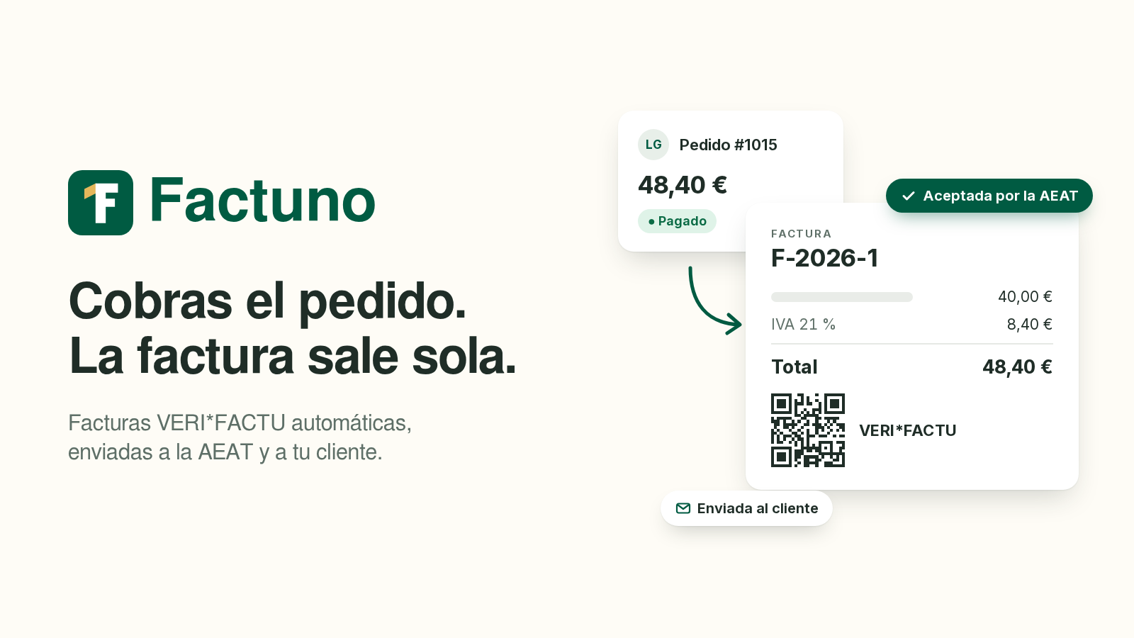Factuno: un pedido pagado de 48,40 € se convierte en la factura F-2026-1 con QR VERI*FACTU, aceptada por la AEAT y enviada al cliente.