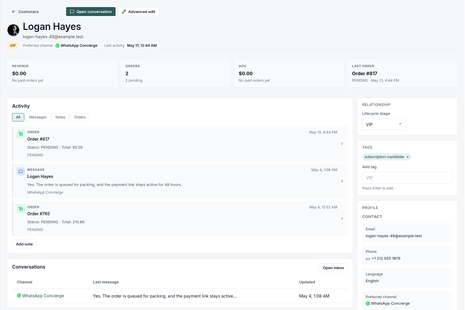 Tugni customer record showing timeline, profile context, and linked commercial details.