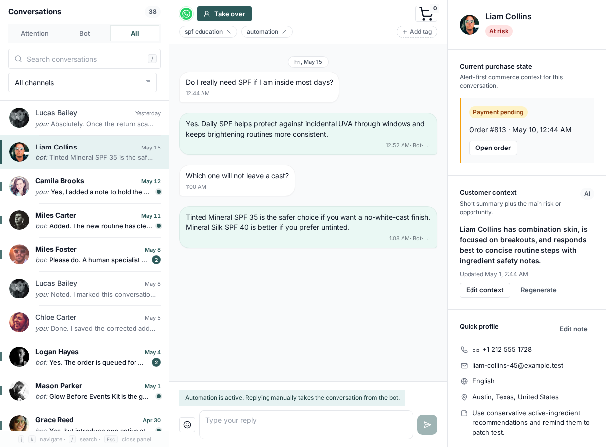Tugni inbox showing an automated conversation running inside the sales workspace.