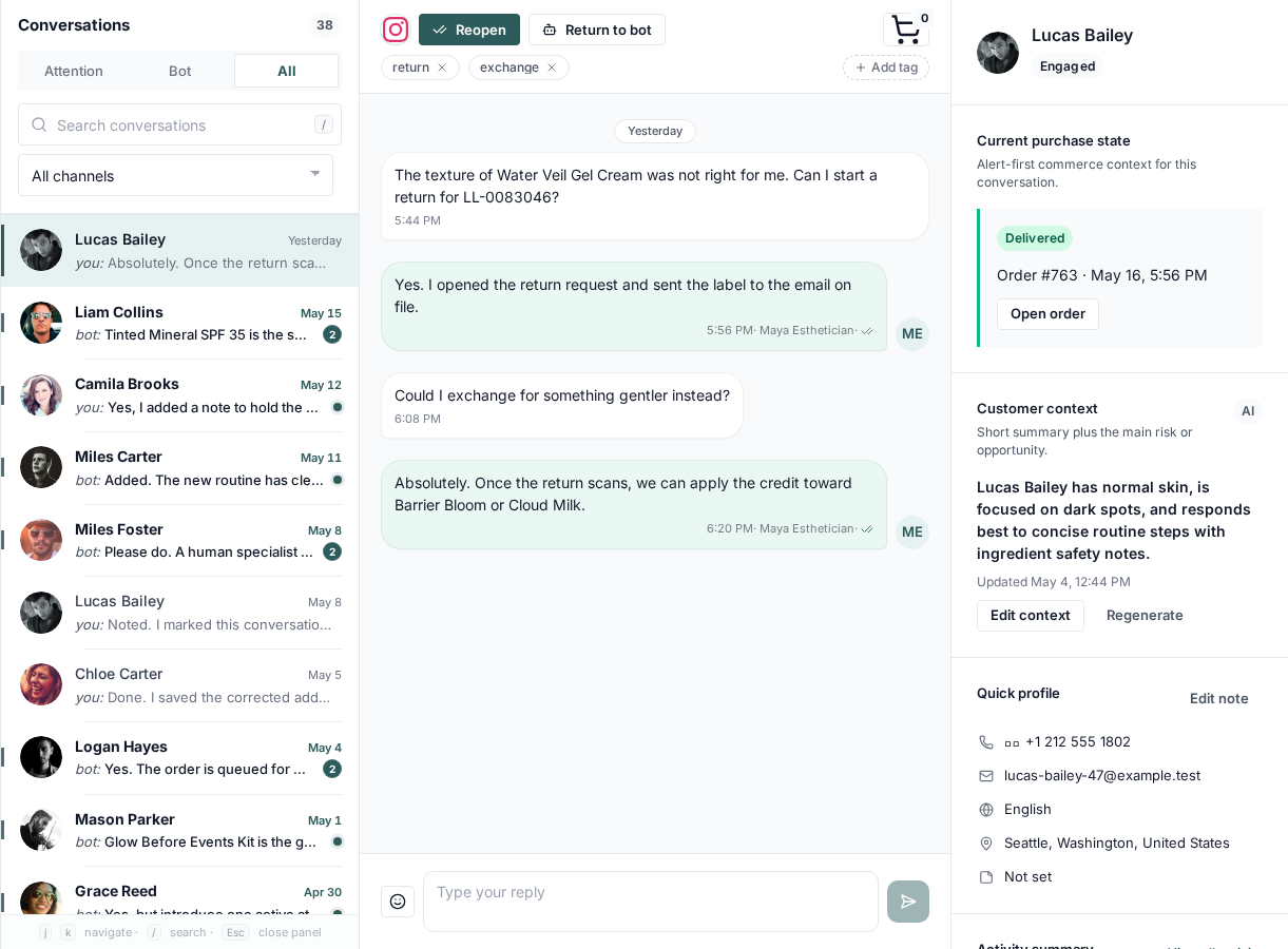 Tugni inbox showing a real conversation workspace with the live thread, customer context, and purchase state visible.